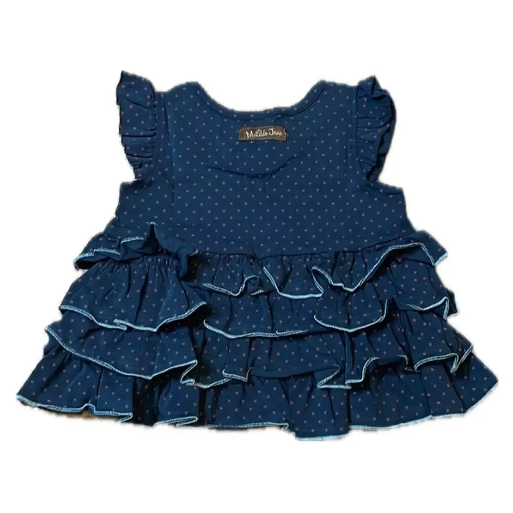 Matilda Jane Baby Girl Lizzy Flutter sleeve Top Ruffles Polka Dots Navy 12 mo